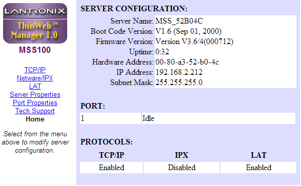 COM-Server Lantronix MSS-100 Browser